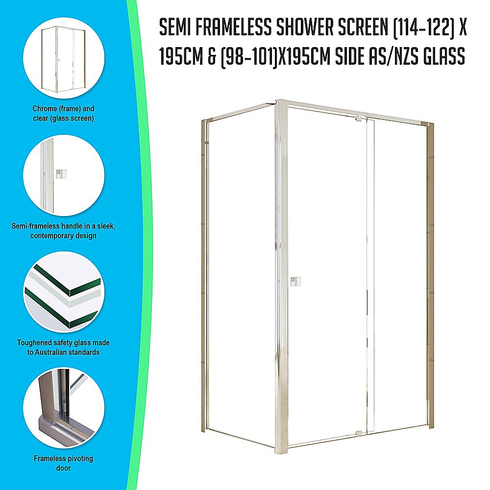 Semi Frameless Shower Screen (114~122)x 195cm & (98~101)x195cm Side AS/NZS Glass - image3