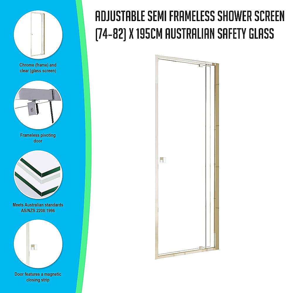 Adjustable Semi Frameless Shower Screen (74~82) x 195cm Australian Safety Glass - image2