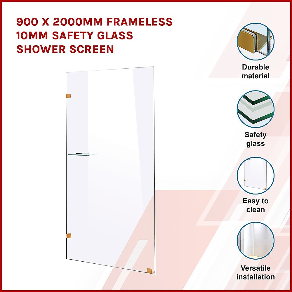 900 x 2000mm Frameless 10mm Safety Glass Shower Screen - image3