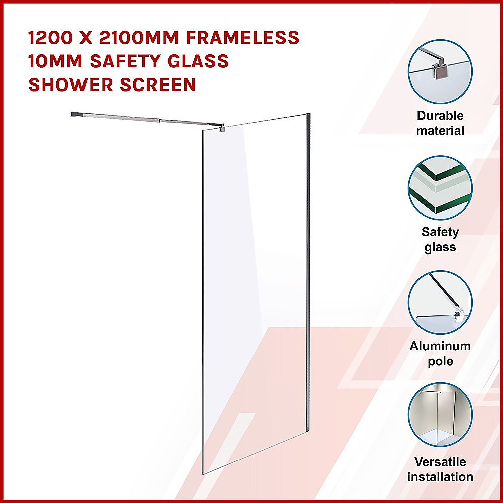 1200 x 2100mm Frameless 10mm Safety Glass Shower Screen - image3