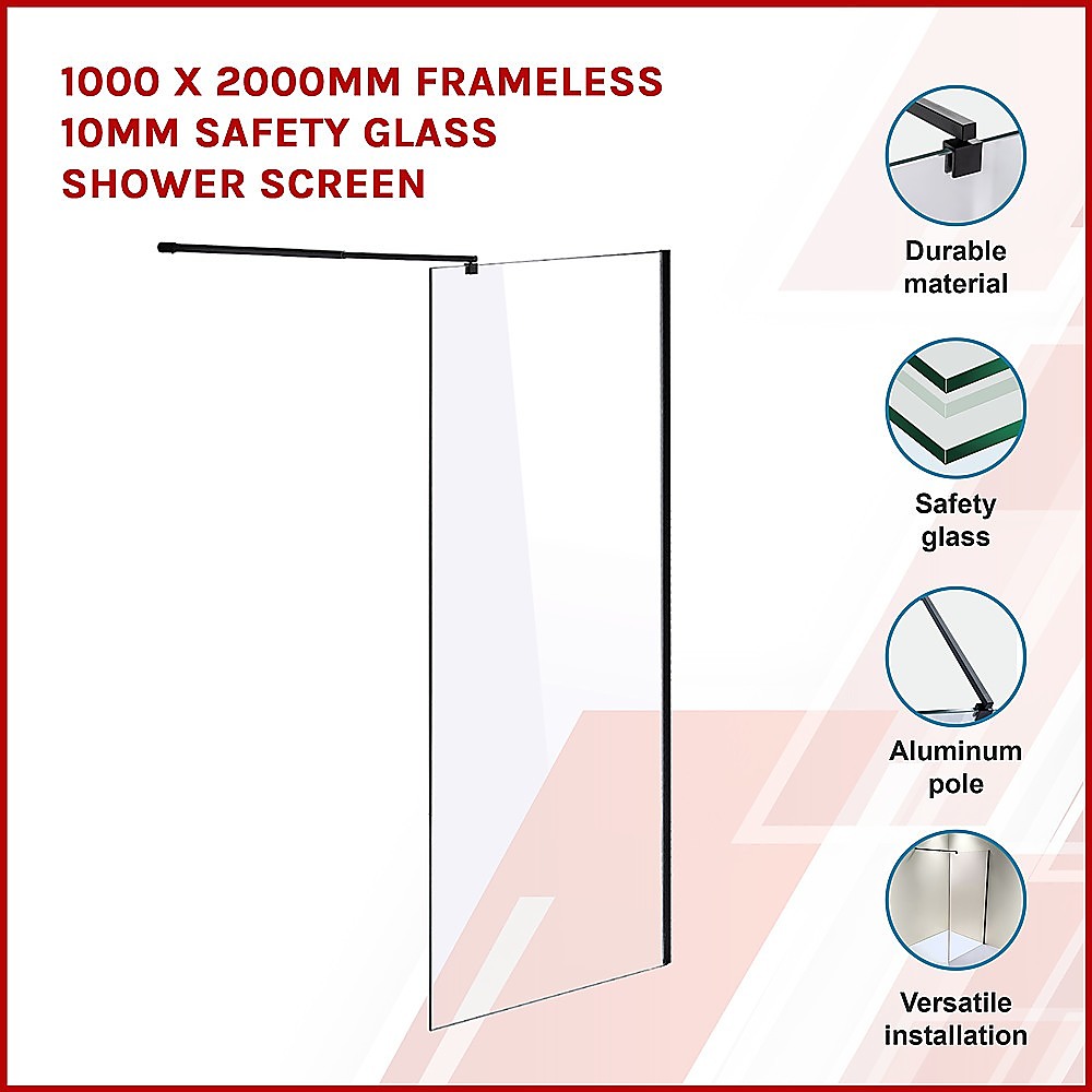 1000 x 2000mm Frameless 10mm Safety Glass Shower Screen - image3