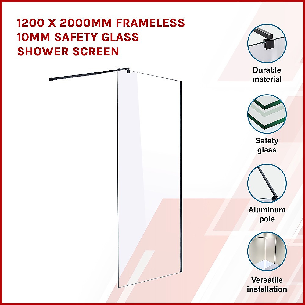 1200 x 2000mm Frameless 10mm Safety Glass Shower Screen - image3