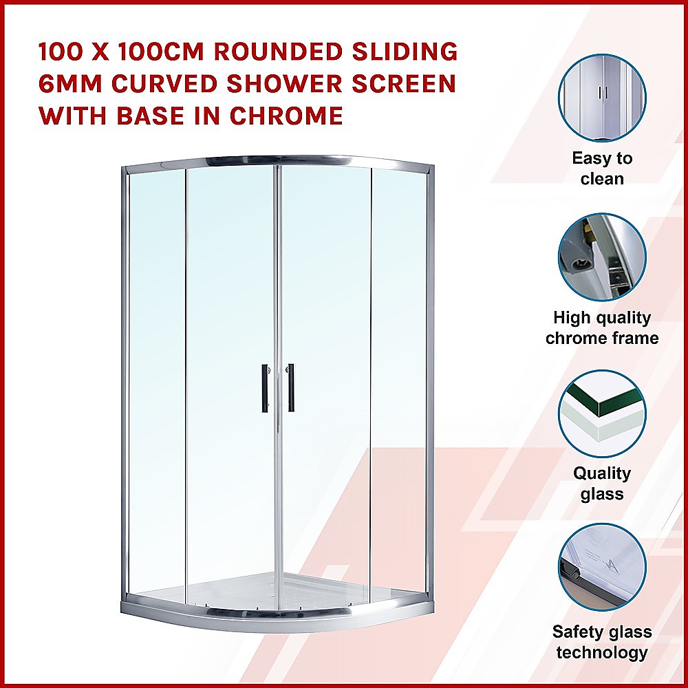 100 x 100cm Rounded Sliding 6mm Curved Shower Screen with Base in Chrome - image3