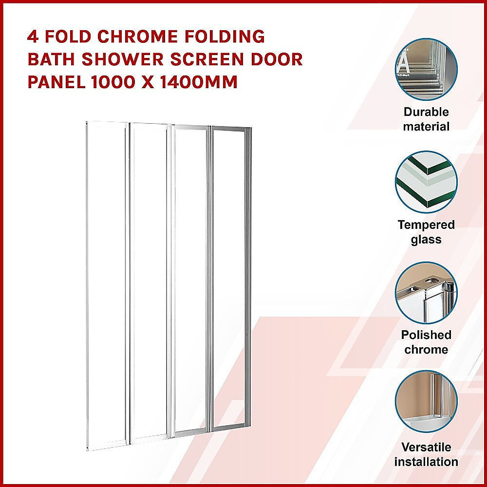 4 Fold Chrome Folding Bath Shower Screen Door Panel 1000 x 1400mm - image4