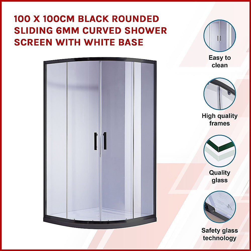 100 x 100cm Black Rounded Sliding 6mm Curved Shower Screen with White Base - image3