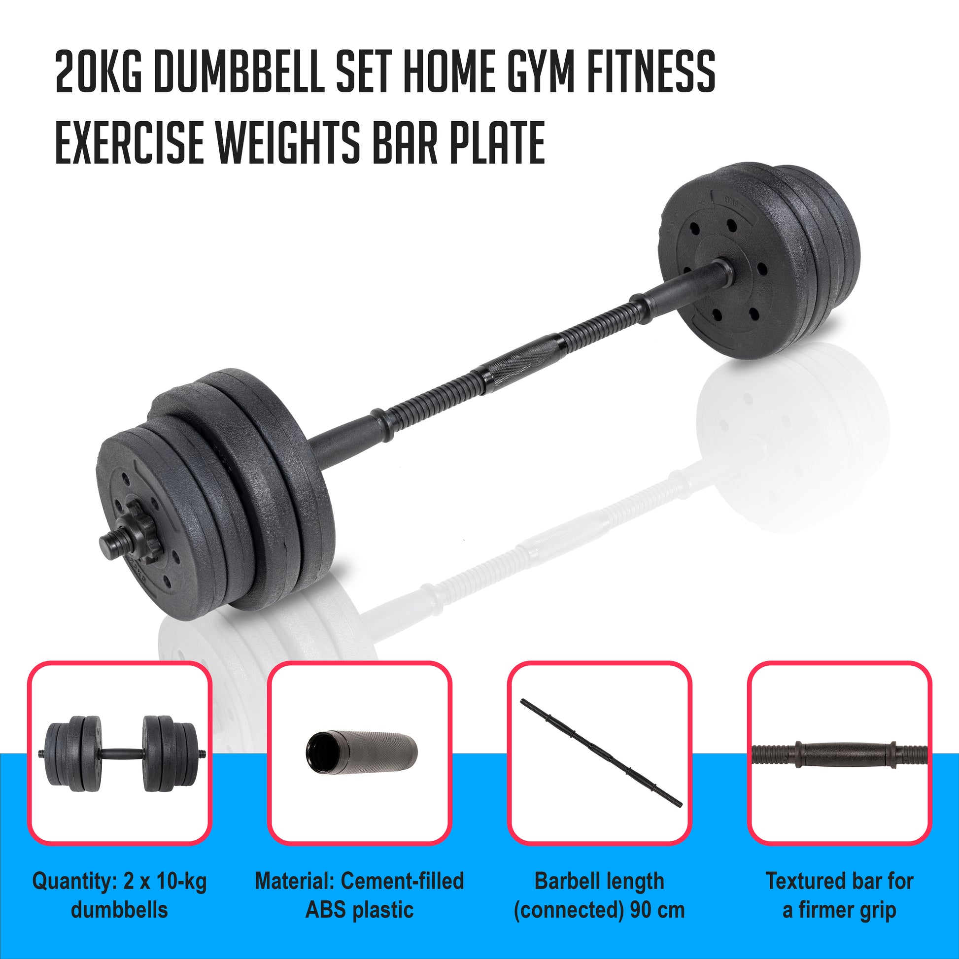 20kg Dumbbell Set Home Gym Fitness Exercise Weights Bar Plate - image3