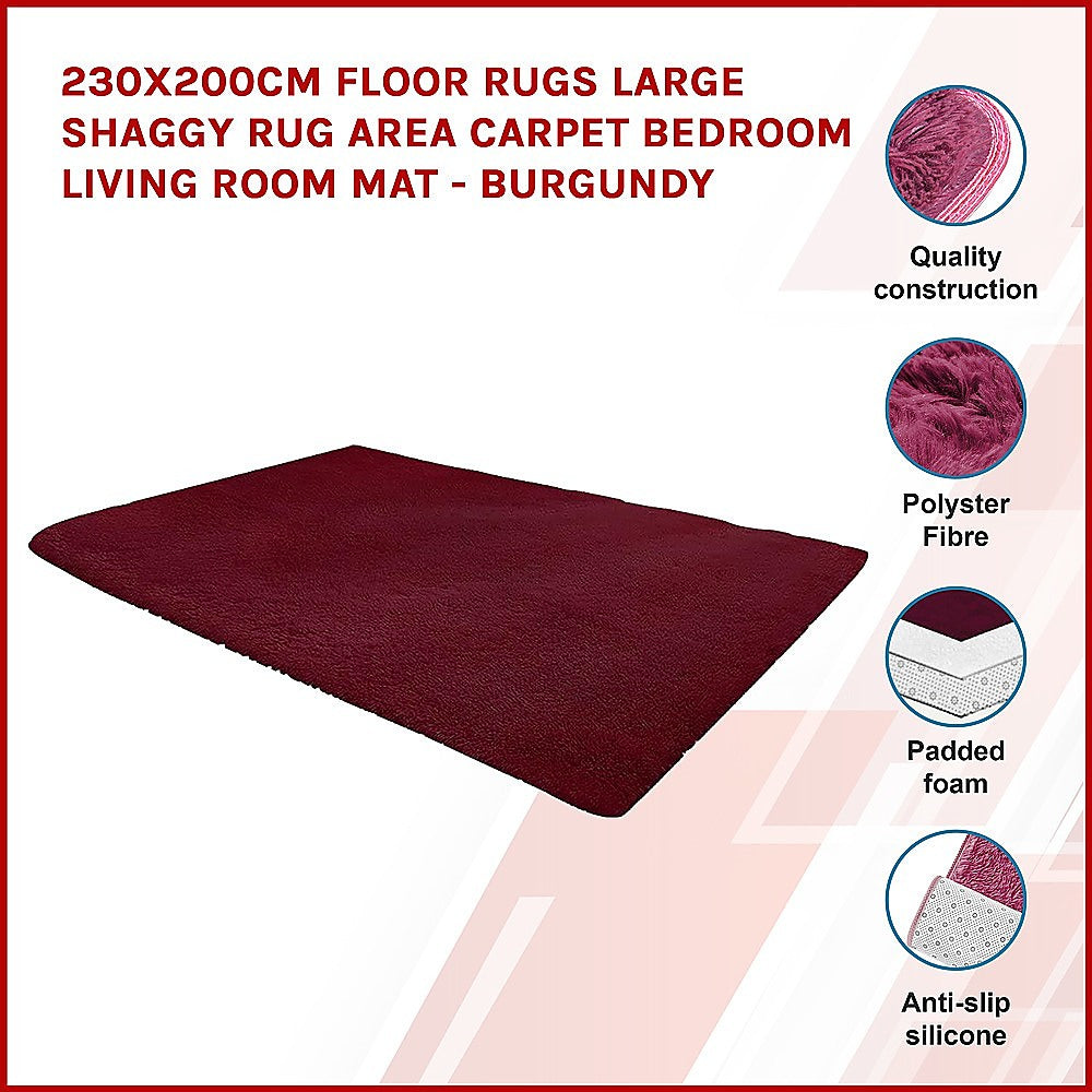 230x200cm Floor Rugs Large Shaggy Rug Area Carpet Bedroom Living Room Mat - Burgundy - image3