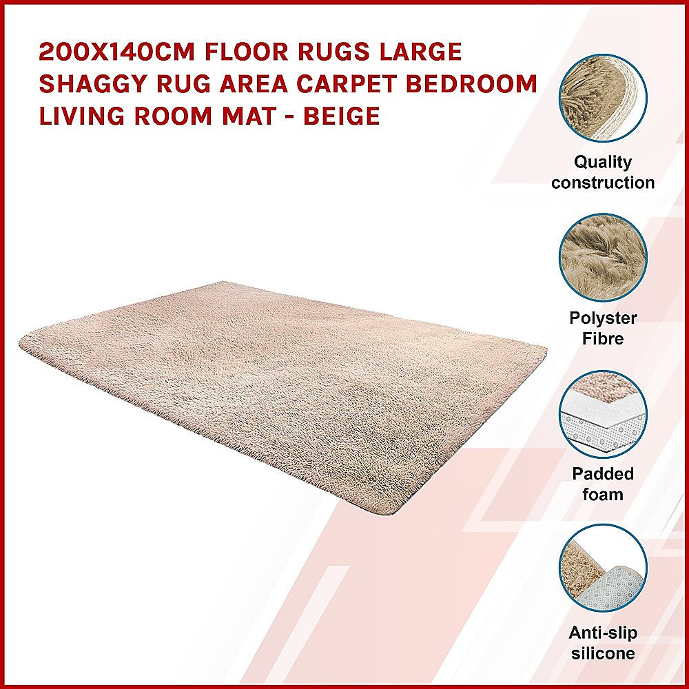 200x140cm Floor Rugs Large Shaggy Rug Area Carpet Bedroom Living Room Mat - Beige - image3