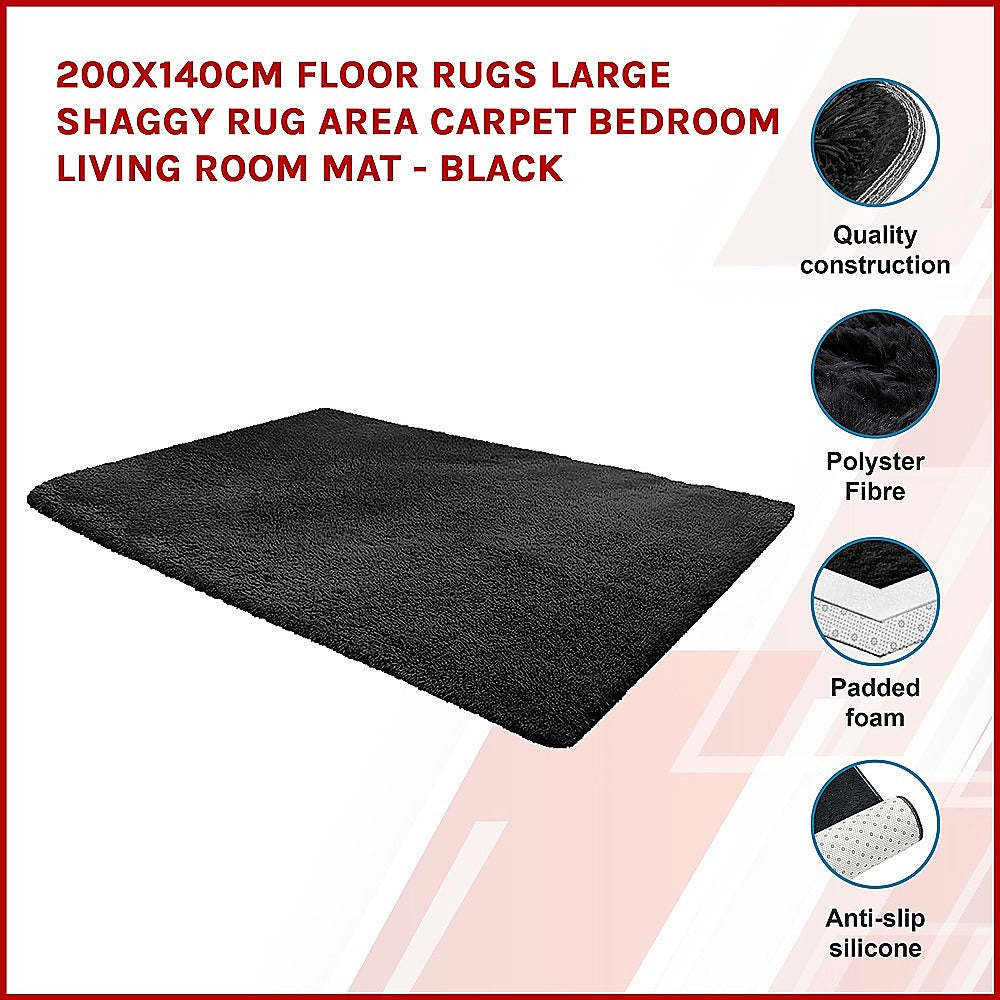 200x140cm Floor Rugs Large Shaggy Rug Area Carpet Bedroom Living Room Mat - Black - image3