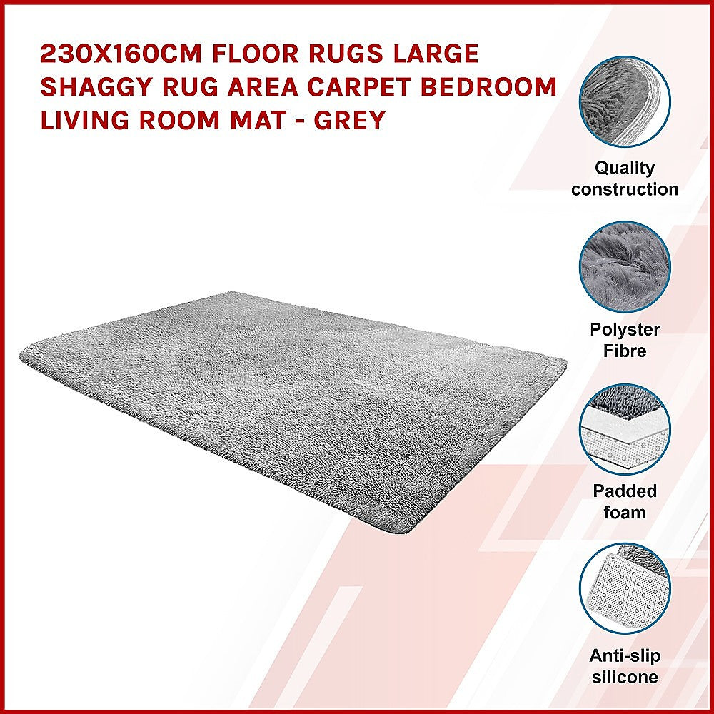 230x160cm Floor Rugs Large Shaggy Rug Area Carpet Bedroom Living Room Mat - Grey - image3