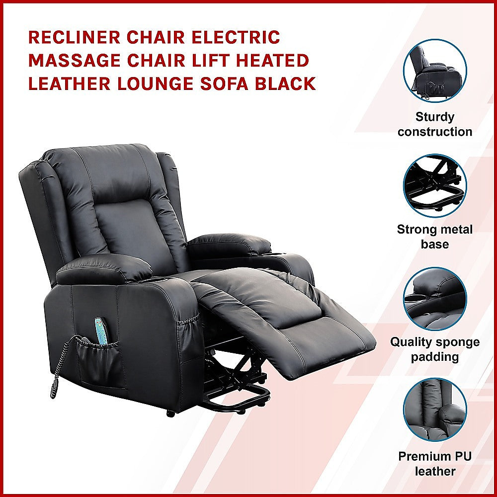 Recliner Chair Electric Massage Chair Lift Heated Leather Lounge Sofa Black - image3