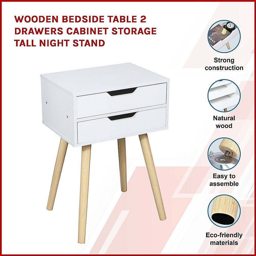 Wooden Bedside Table 2 Drawers Cabinet Storage Tall Night Stand - image3