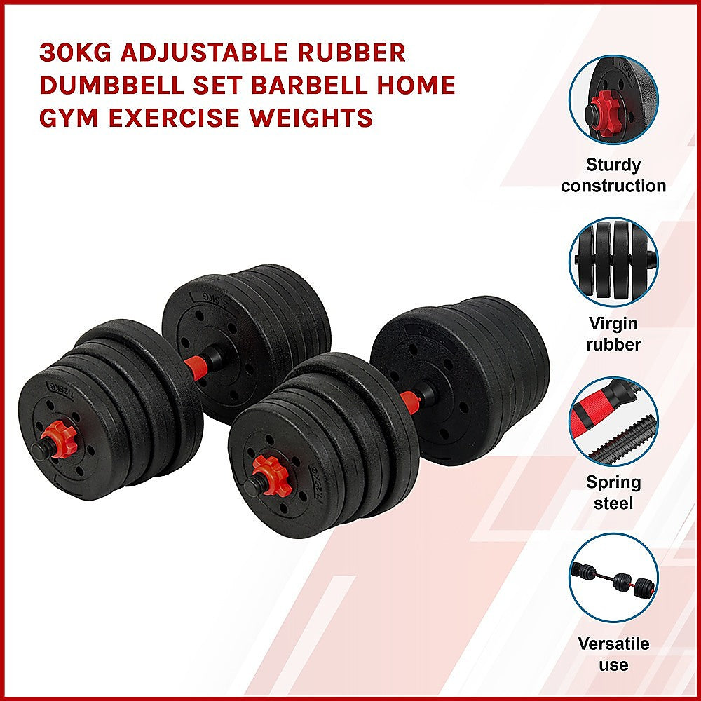 30kg Adjustable Rubber Dumbbell Set Barbell Home GYM Exercise Weights - image3