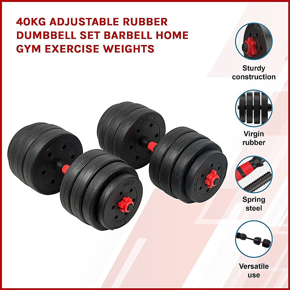 40kg Adjustable Rubber Dumbbell Set Barbell Home GYM Exercise Weights - image3