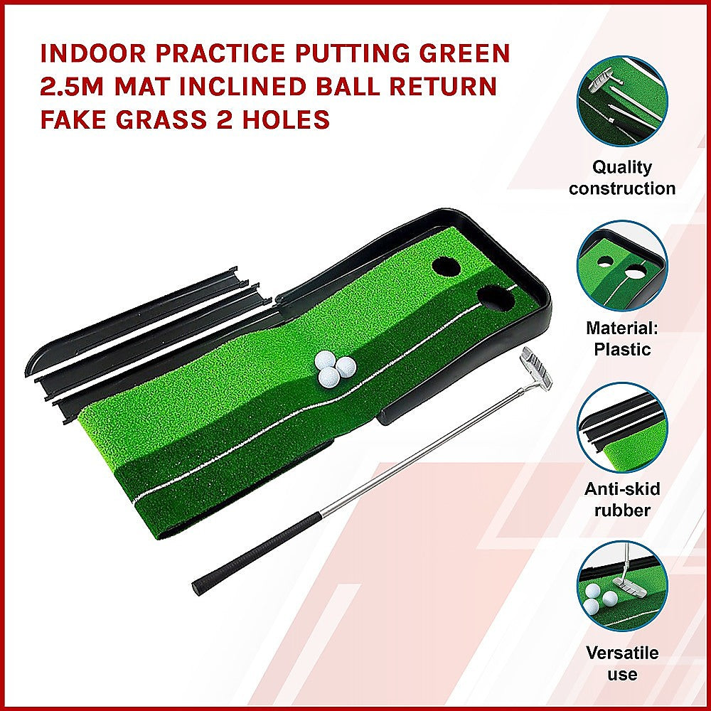 Indoor Practice Putting Green 2.5m Mat Inclined Ball Return Fake Grass 2 Holes - image3