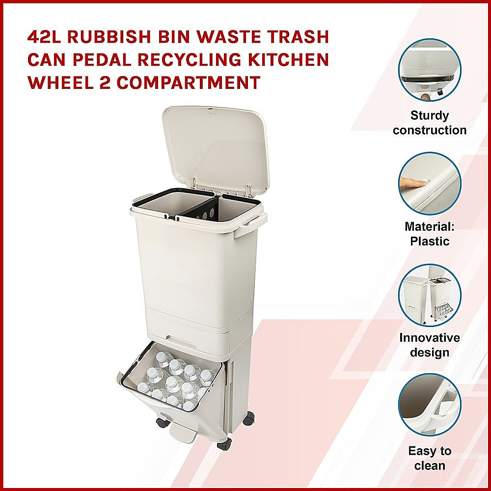 42L Rubbish Bin Waste Trash Can Pedal Recycling Kitchen Wheel 2 Compartment - image3