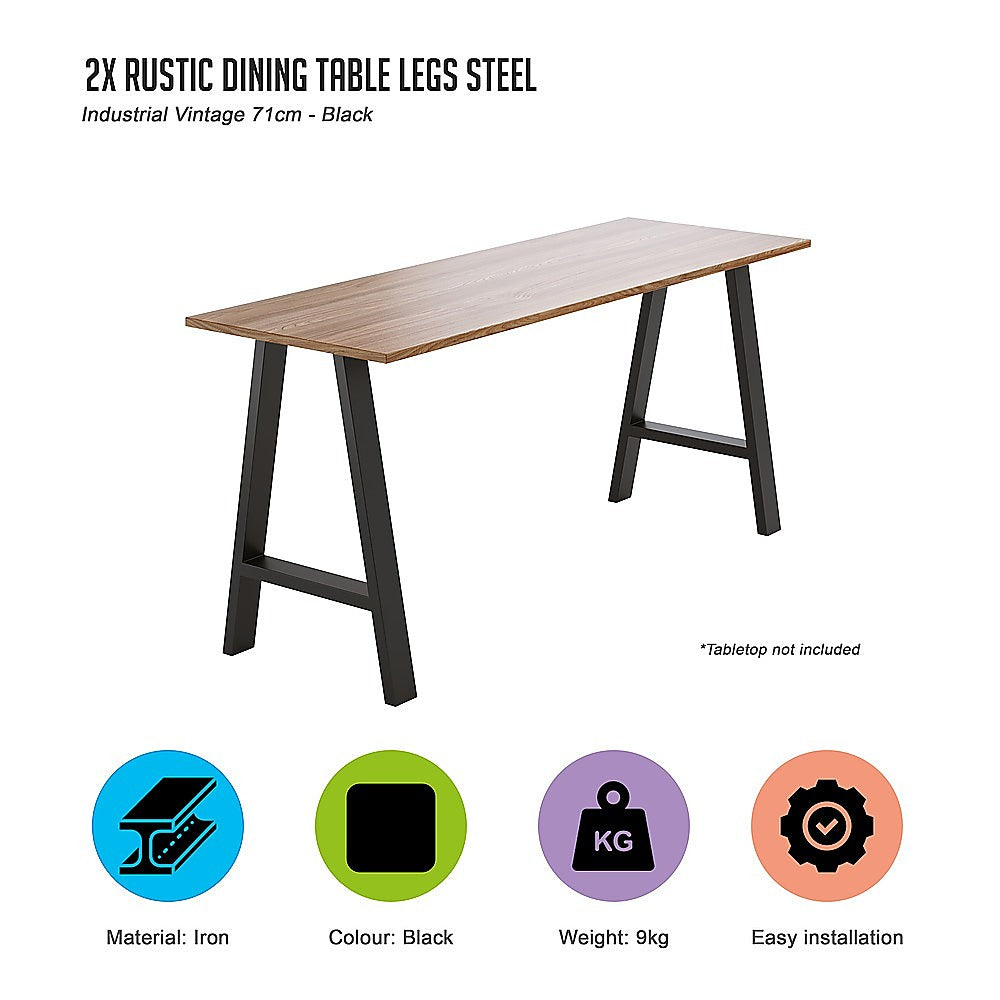 2x Rustic Dining Table Legs Steel Industrial Vintage 71cm - Black - image2