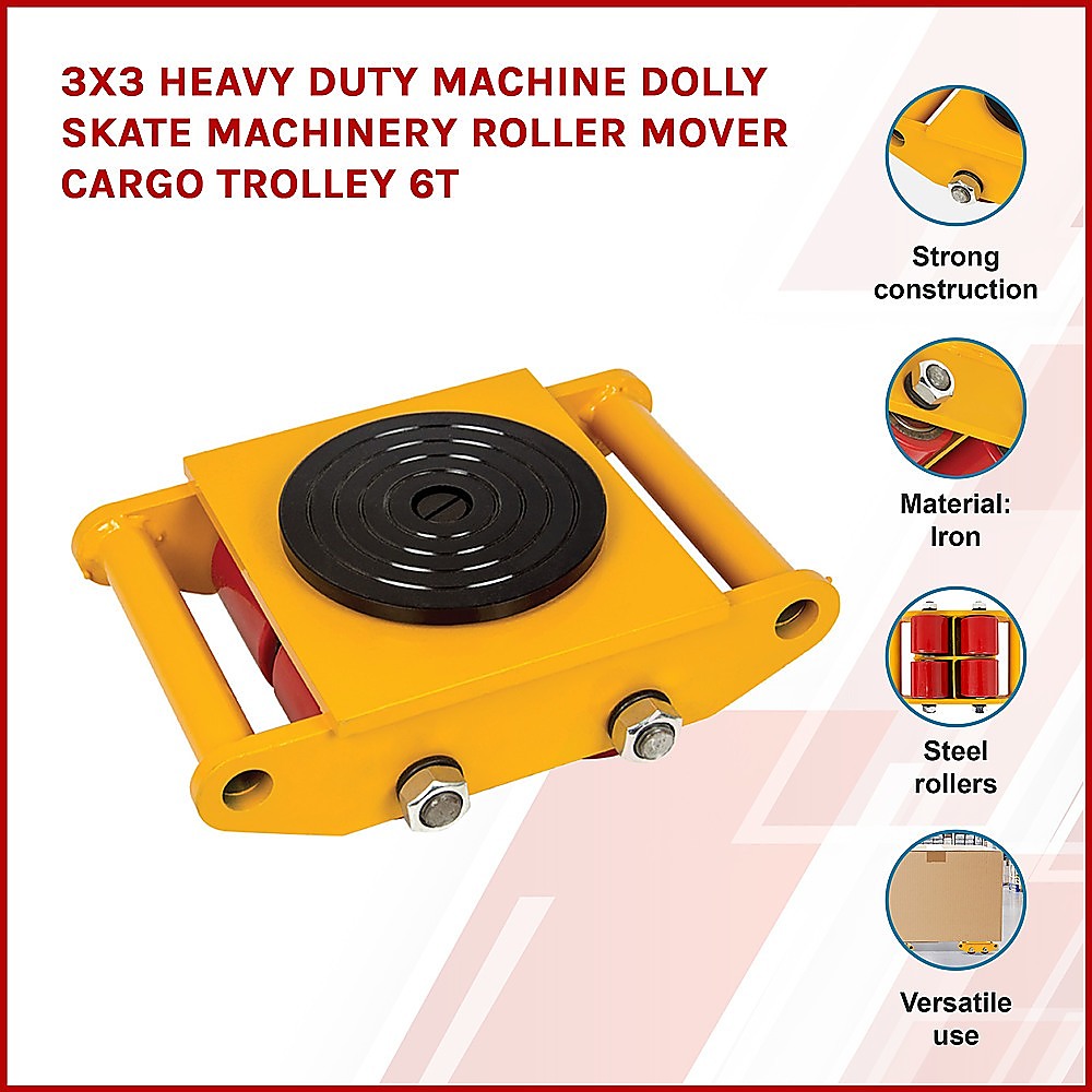 3x3 Heavy Duty Machine Dolly Skate Machinery Roller Mover Cargo Trolley 6T - image3