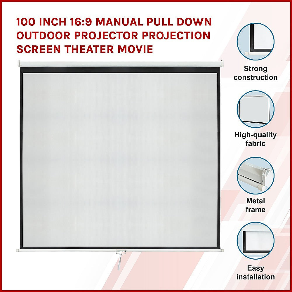 100 Inch 16:9 Manual Pull Down Outdoor Projector Projection Screen Theater Movie - image3