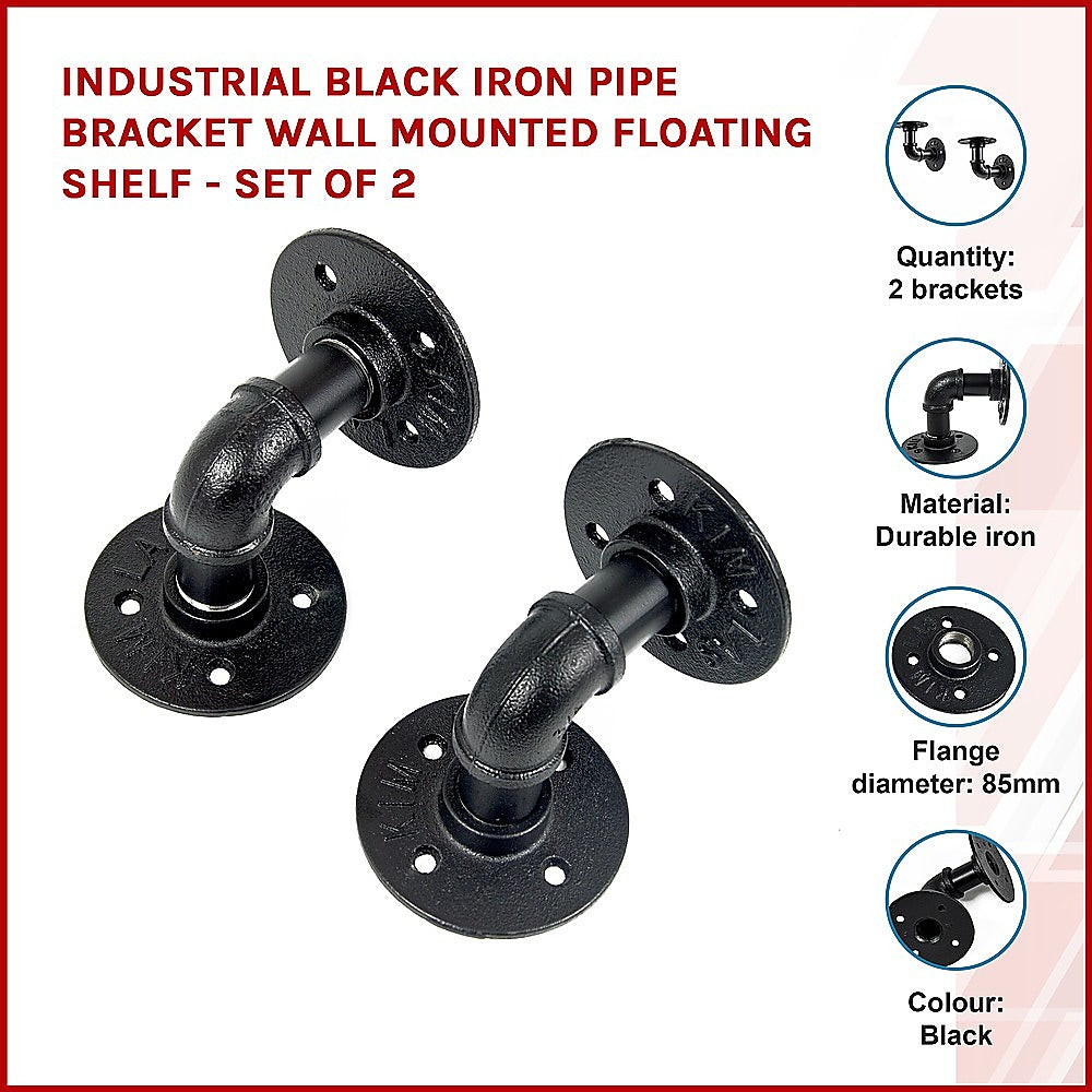 Industrial Black Iron Pipe Bracket Wall Mounted Floating Shelf - Set of 2 - image3