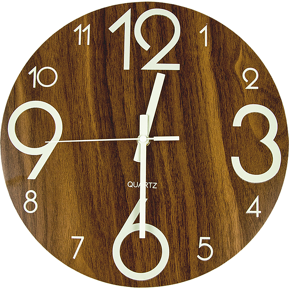 Glow In Dark Wall Clock Luminous Quartz Wooden Non Ticking Home 12''/30cm - image1