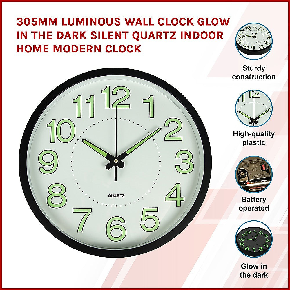 305mm Luminous Wall Clock Glow In The Dark Silent Quartz Indoor Home Modern Clock - image4