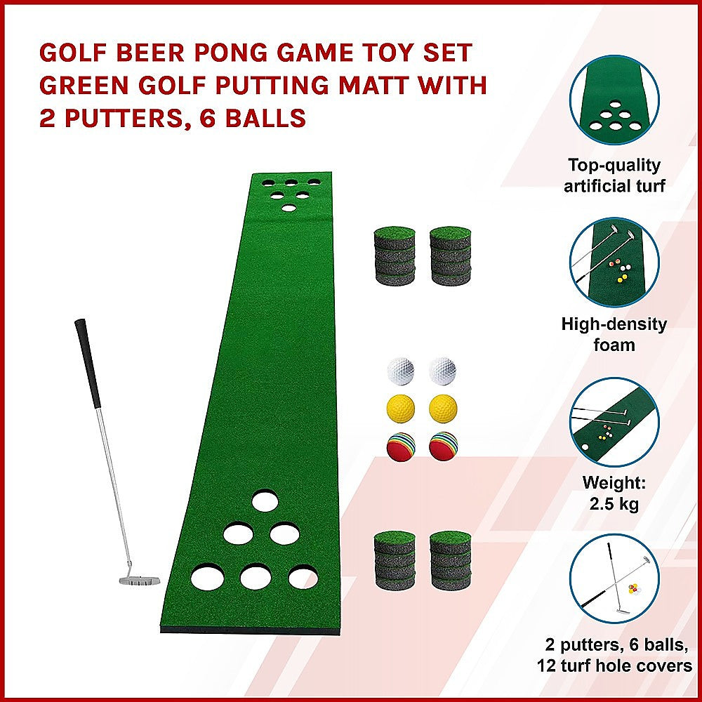 Golf Beer Pong Game Toy Set Green Golf Putting Matt with 2 Putters, 6 Balls - image3