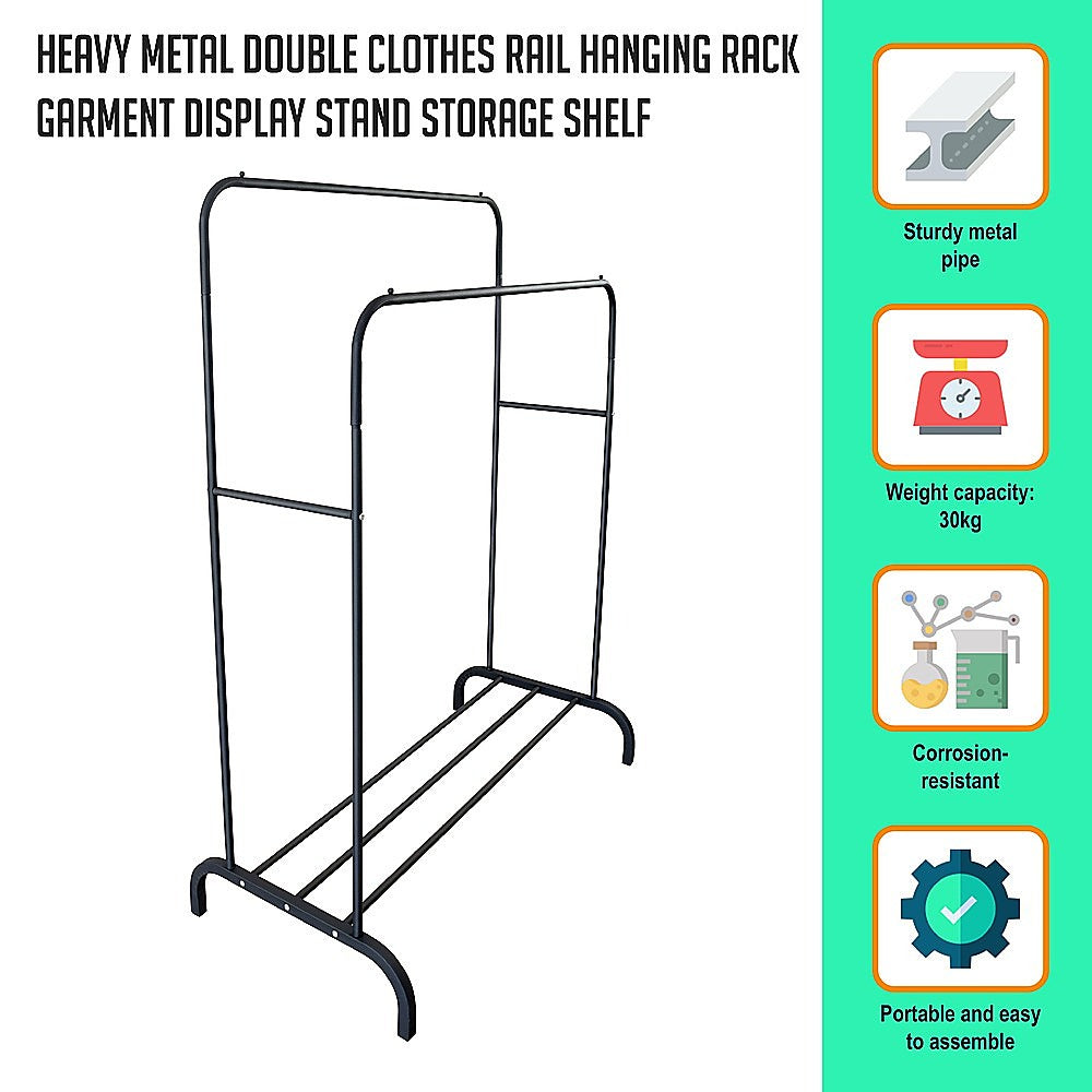 Heavy Metal Double Clothes Rail Hanging Rack Garment Display Stand Storage Shelf - image2