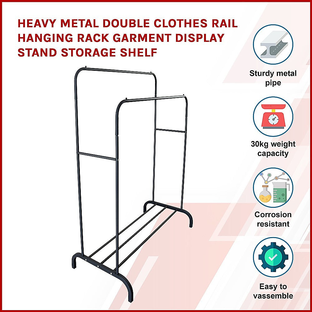 Heavy Metal Double Clothes Rail Hanging Rack Garment Display Stand Storage Shelf - image4