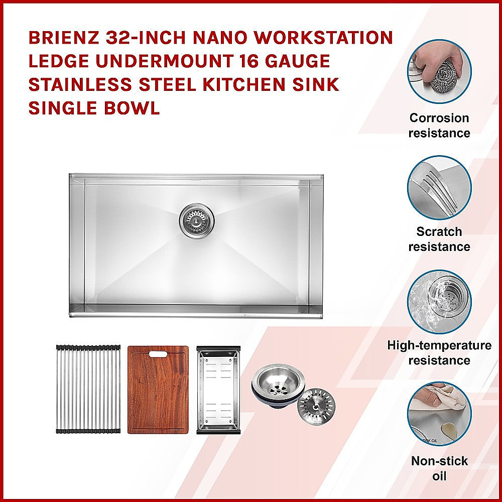 BRIENZ 32-inch Nano Workstation Ledge Undermount 16 Gauge Stainless Steel Kitchen Sink Single Bowl - image3