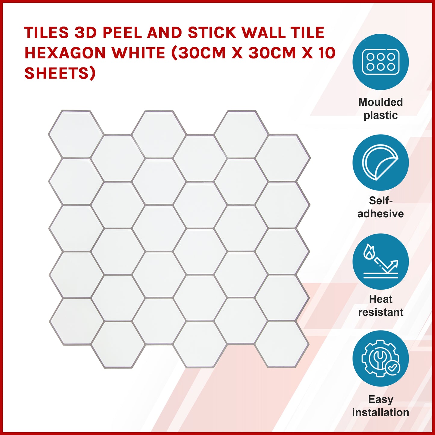 Tiles 3D Peel and Stick Wall Tile Hexagon White (30cm x 30cm x 10 sheets) - image2