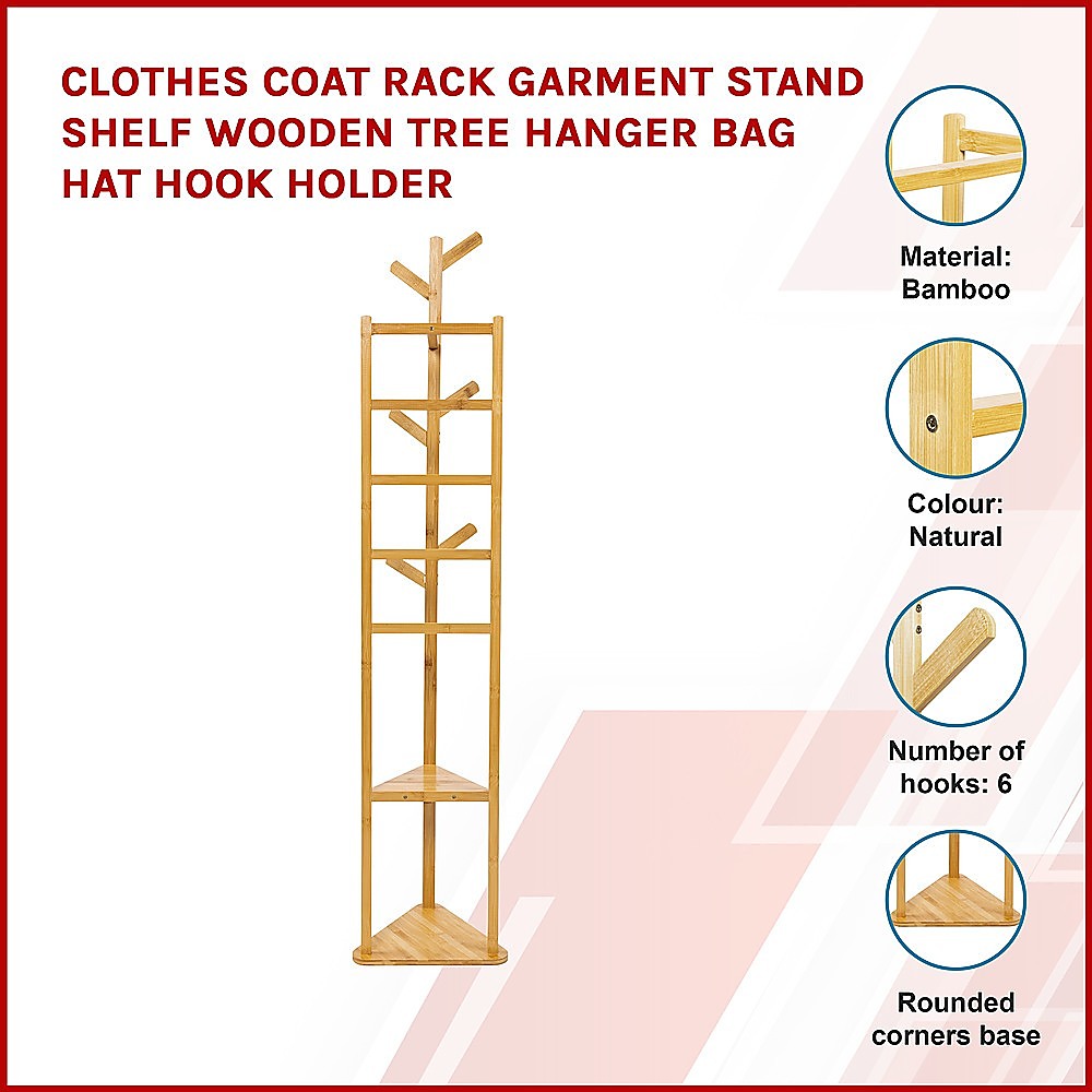 Clothes Coat Rack Garment Stand Shelf Wooden Tree Hanger Bag Hat Hook Holder - image2