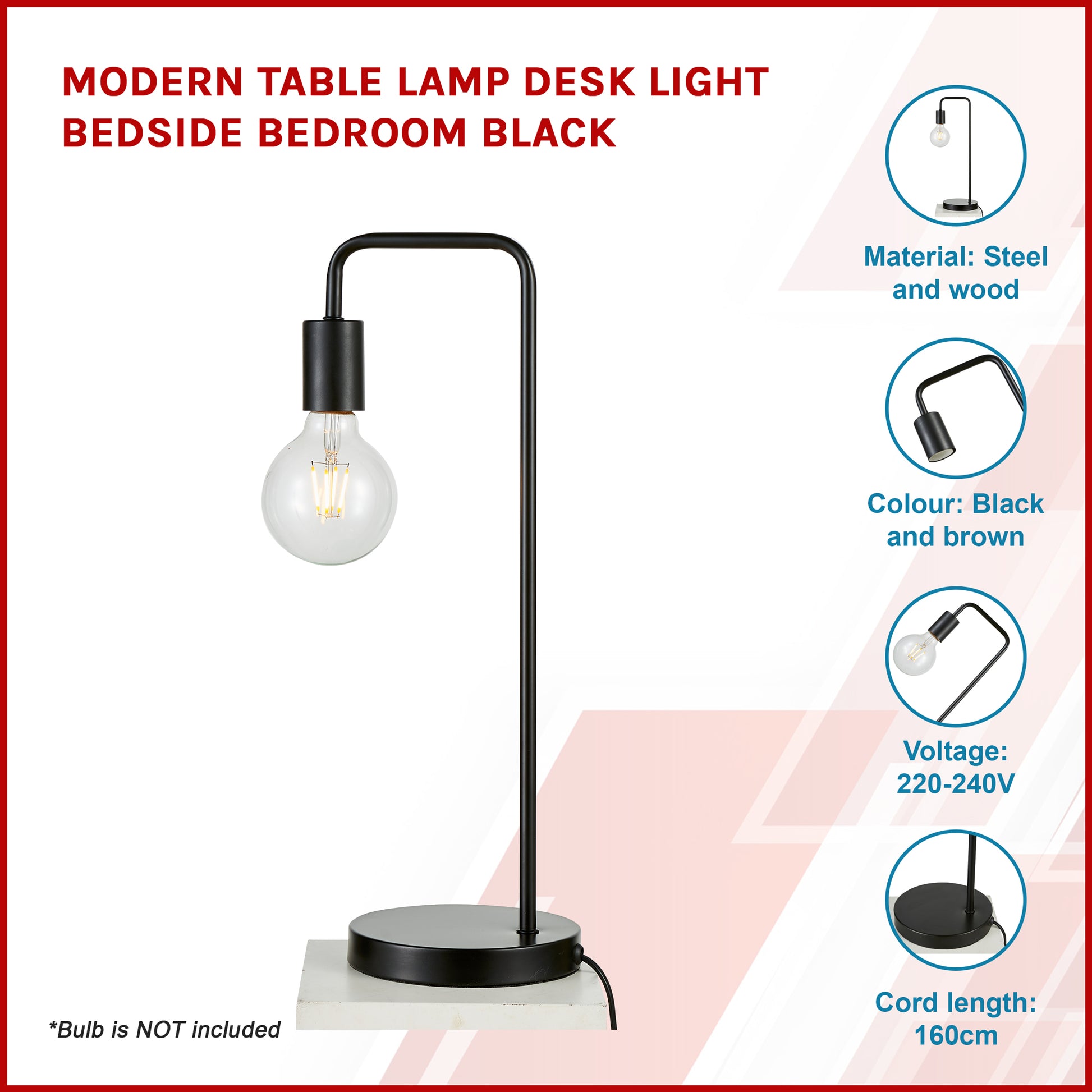 Modern Table lamp Desk Light Bedside Bedroom Black - image6