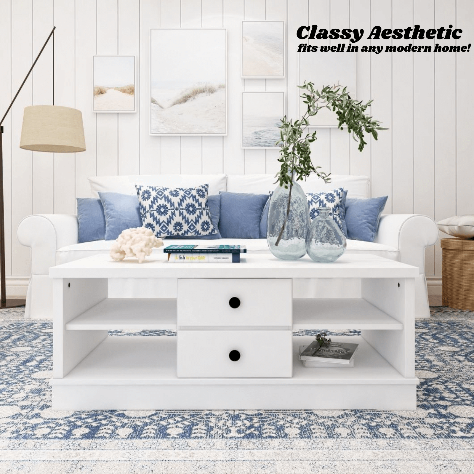 White Coastal Style Coffee Table with Drawers - image4