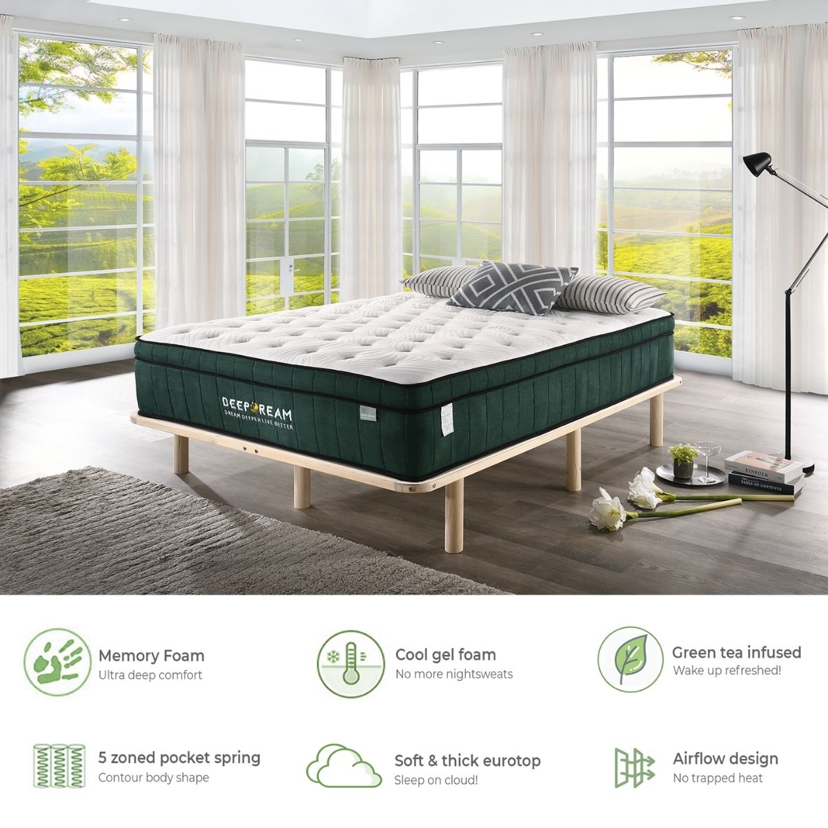 Green Tea Cool Gel Memory Foam Mattress 36cm 5 Zone King Single - image7