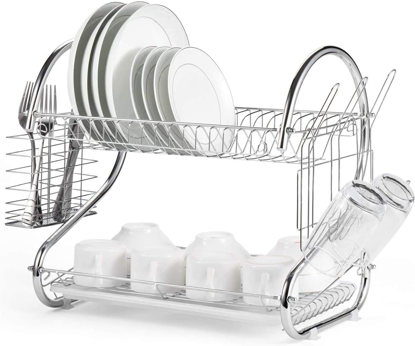 2 Tier Dish Rack with Drain Board for Kitchen Counter and Plated Chrome Dish Dryer Silver 42 x 25,5 x 38 cm - image1