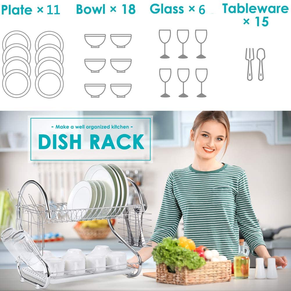 2 Tier Dish Rack with Drain Board for Kitchen Counter and Plated Chrome Dish Dryer Silver 42 x 25,5 x 38 cm - image2