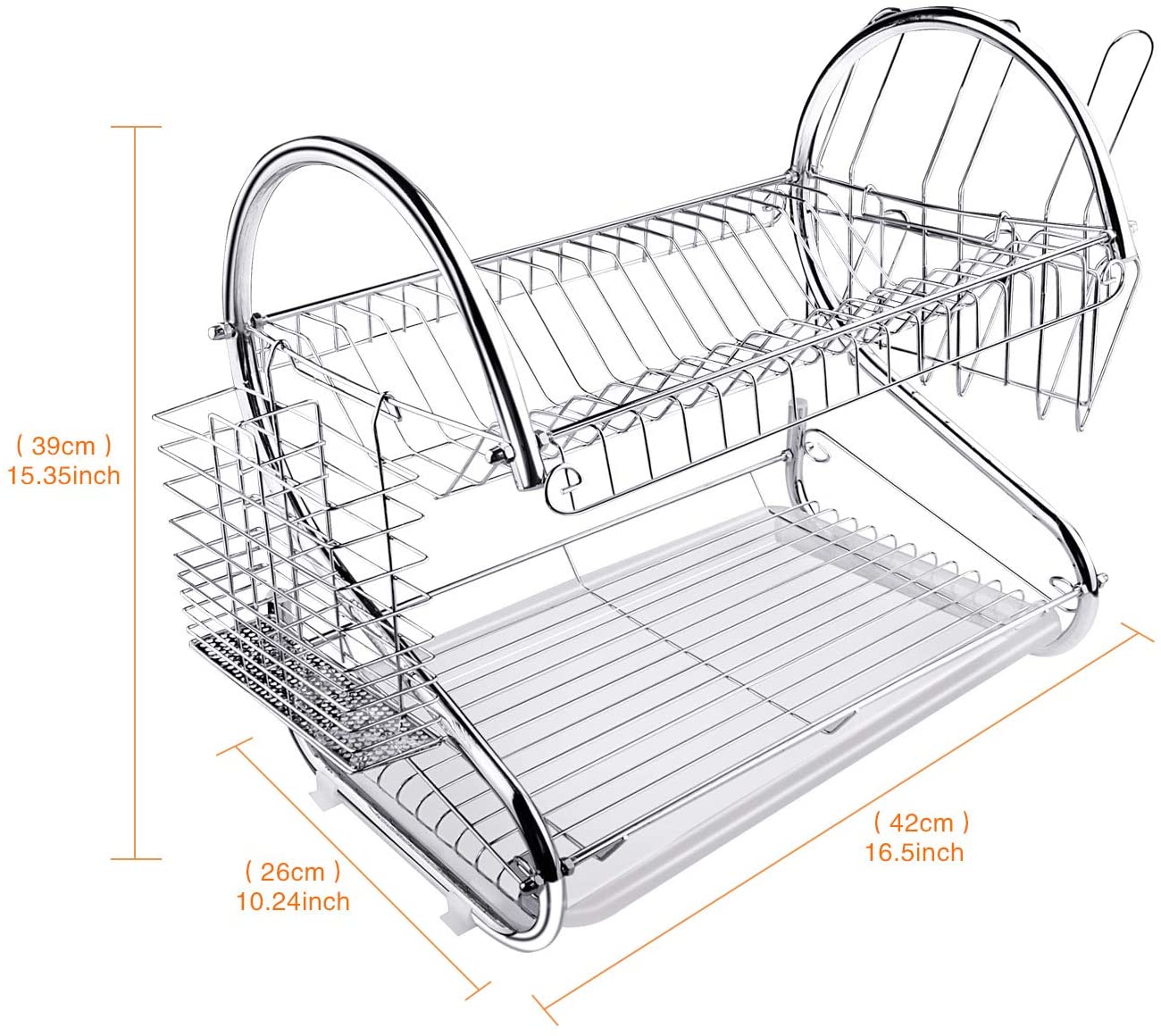 2 Tier Dish Rack with Drain Board for Kitchen Counter and Plated Chrome Dish Dryer Silver 42 x 25,5 x 38 cm - image4