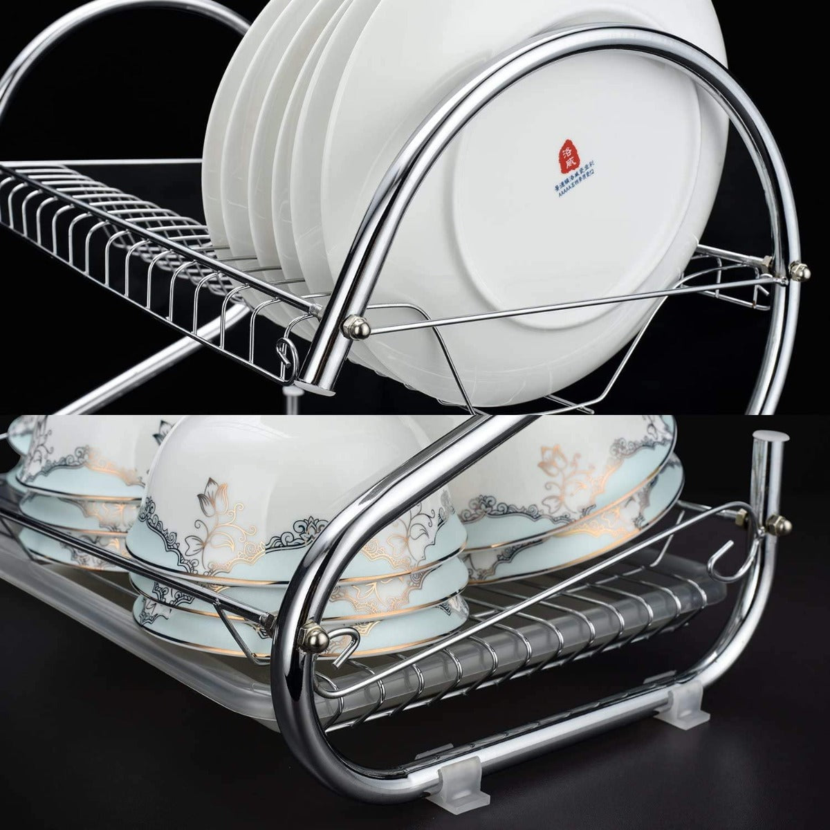 2 Tier Dish Rack with Drain Board for Kitchen Counter and Plated Chrome Dish Dryer Silver 42 x 25,5 x 38 cm - image9