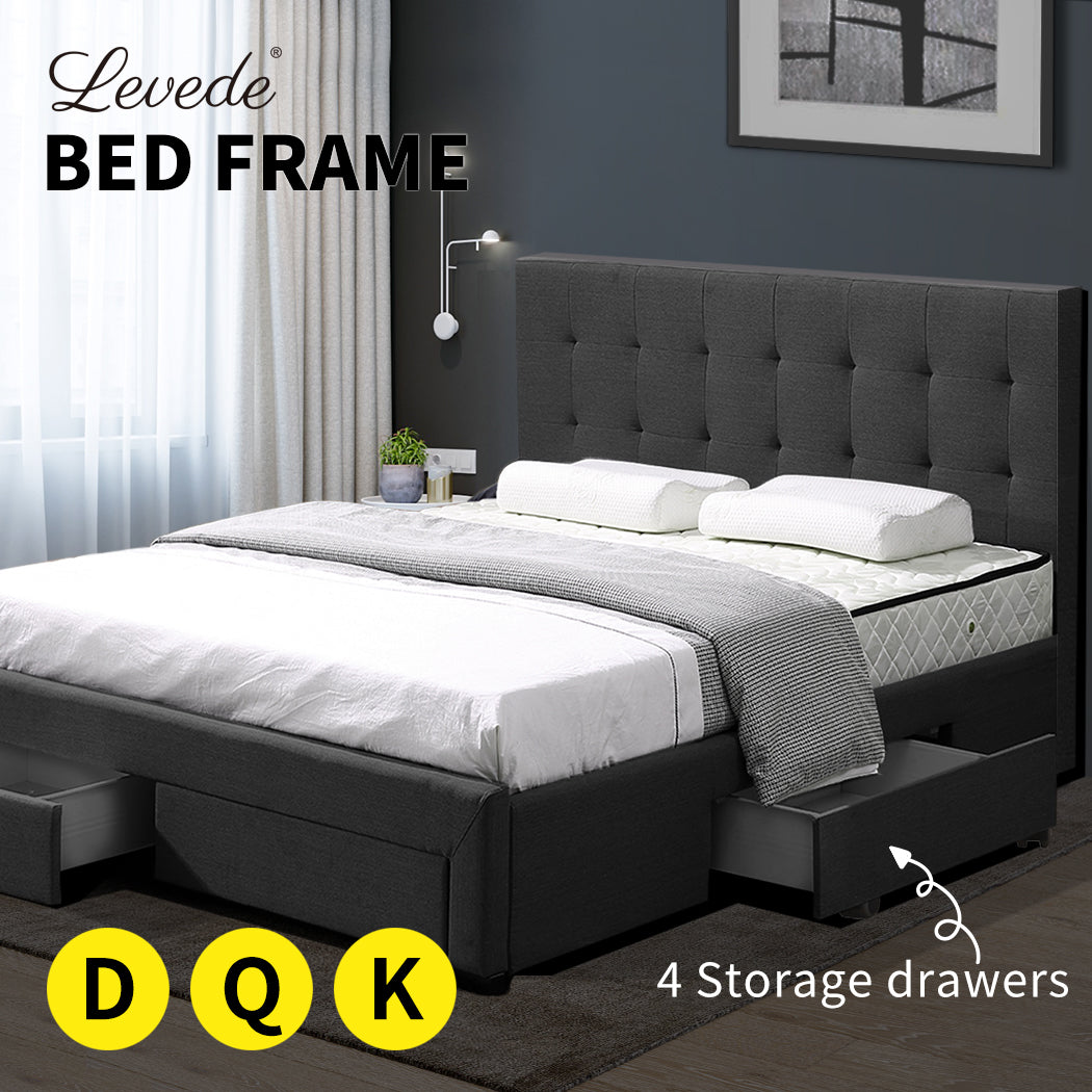 Bed Frame Base With Storage Drawer Mattress Wooden Fabric Queen Dark Grey - image2