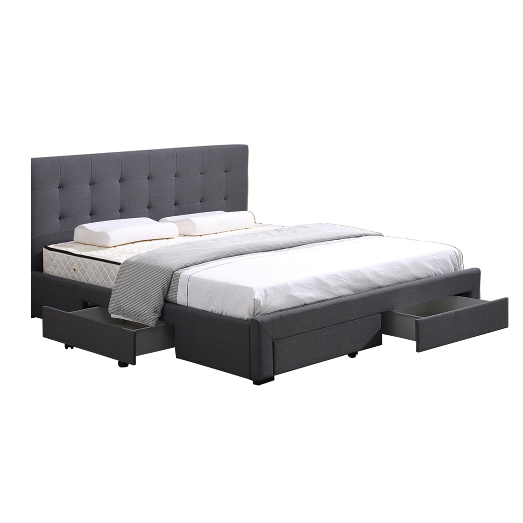 Bed Frame Base With Storage Drawer Mattress Wooden Fabric Queen Dark Grey - image1