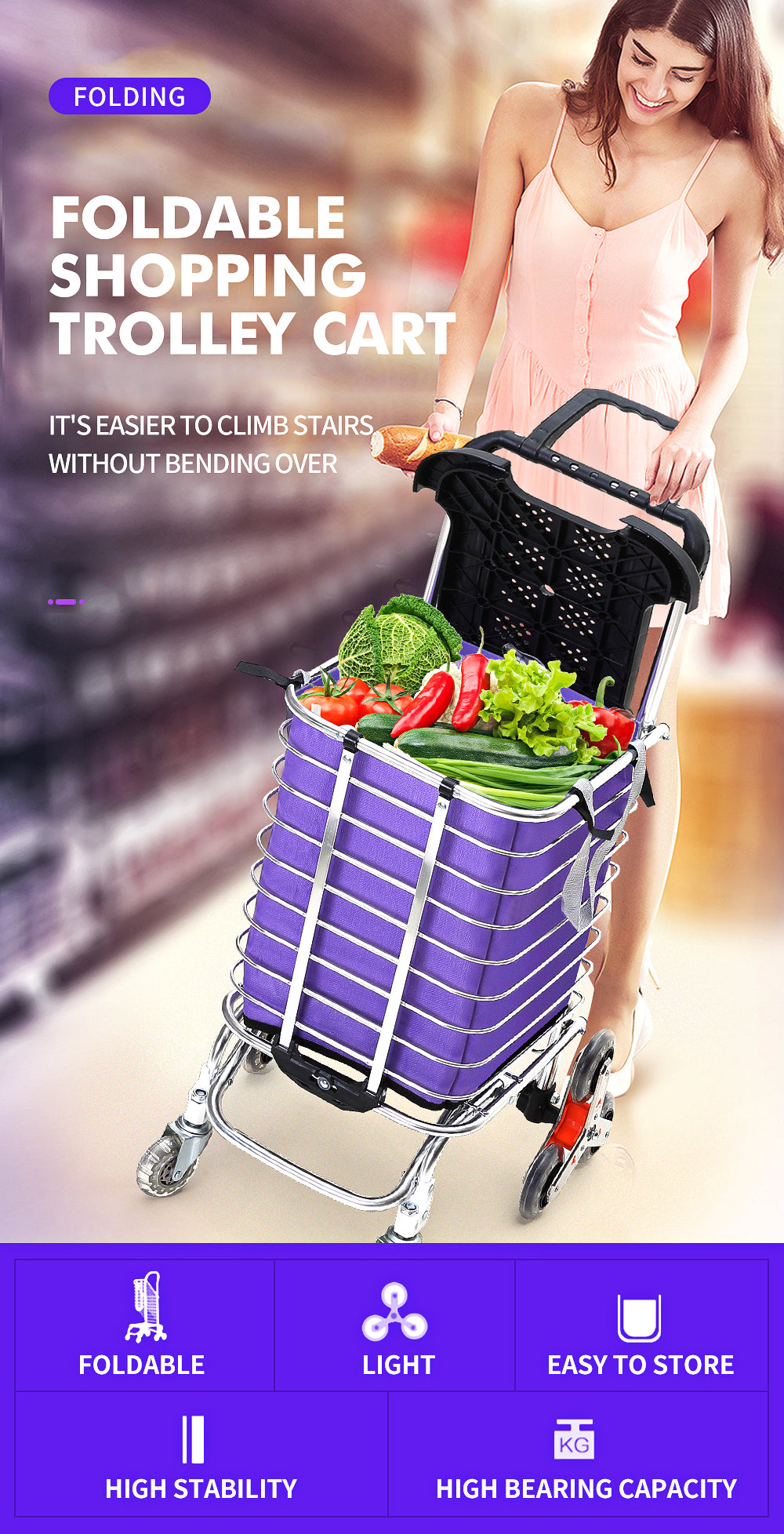 Foldable Shopping Cart Trolley Stainless Steel Basket Luggage Grocery Portable - image3