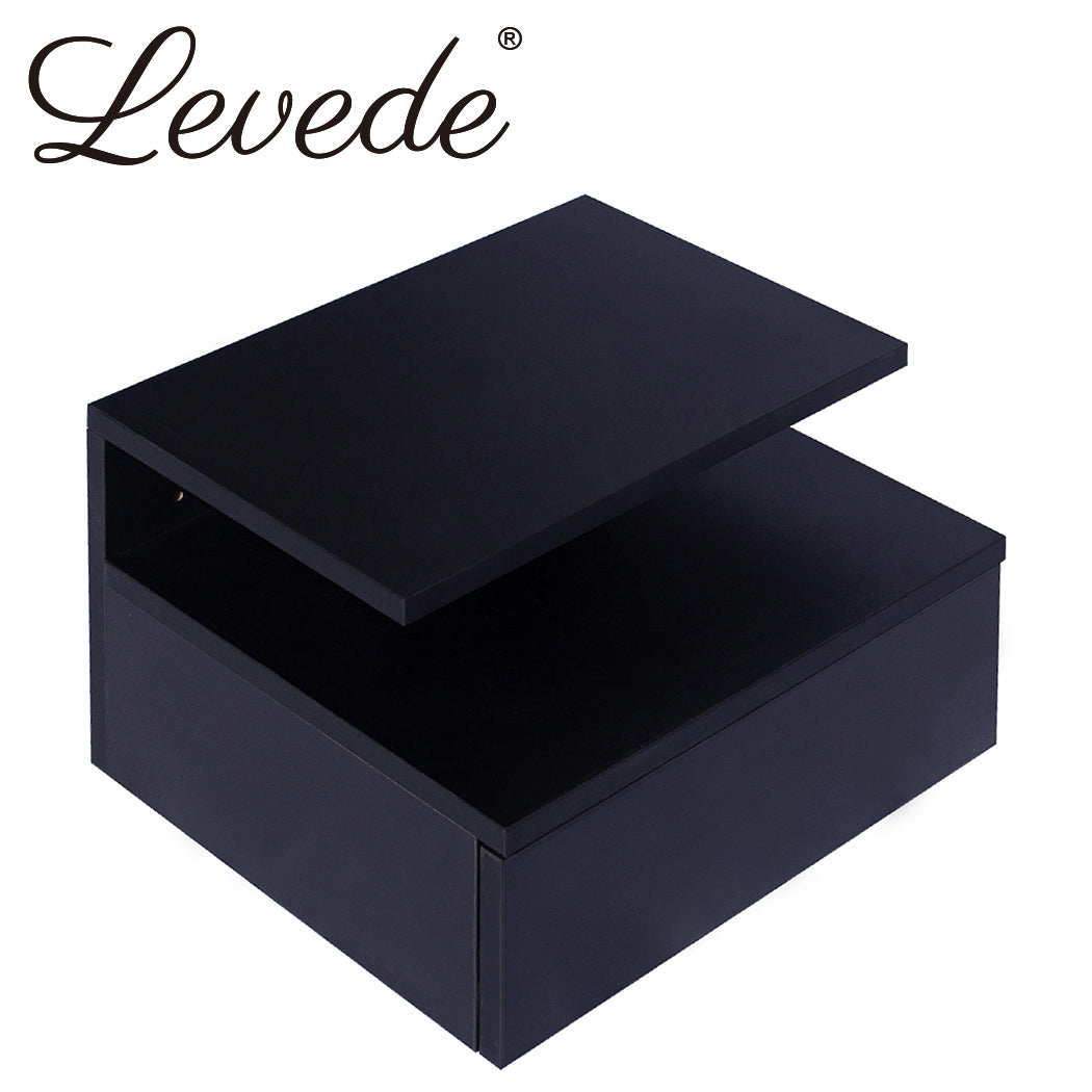 Bedside Tables LED Side Table Storage Drawer Floating Nightstand Black X2 - image1