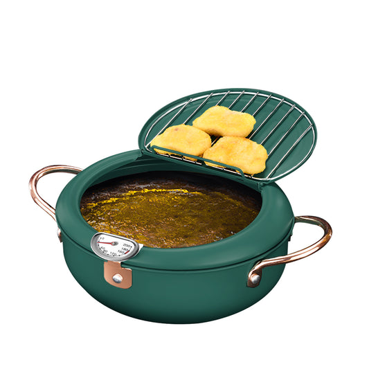 Japanese Deep Frying Pot with Thermometer Non-stick Tempura Fryer Pan 20cm Green - image1