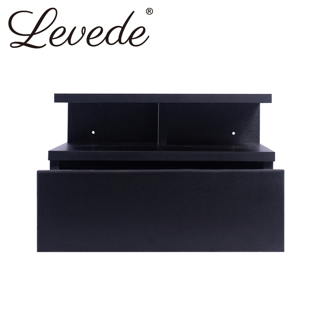 Bedside Tables LED Side Table Storage Drawer Floating Nightstand Black X2 - image2