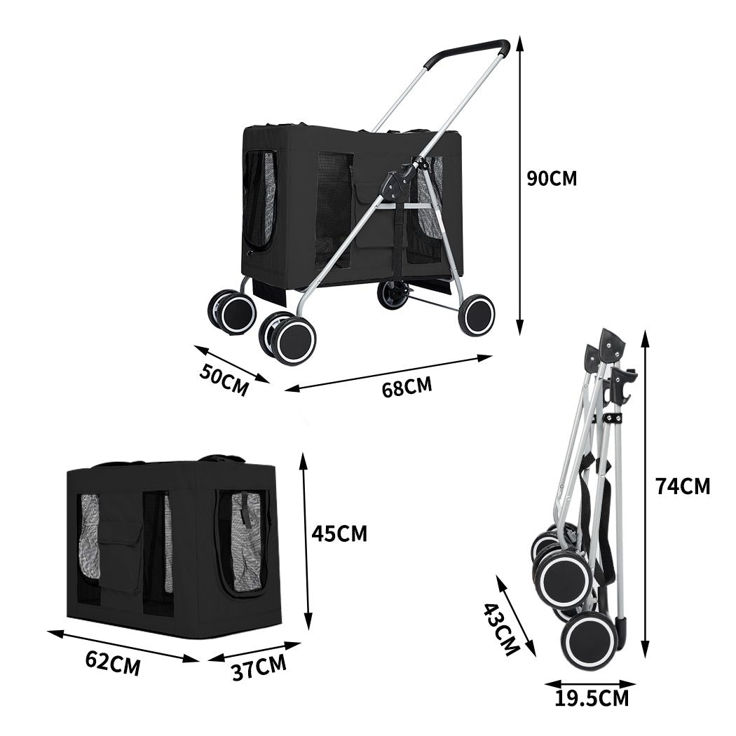 Pet Stroller Dog Cat Puppy Pram Travel Carrier 4 Wheels Pushchair Foldable Black - image3