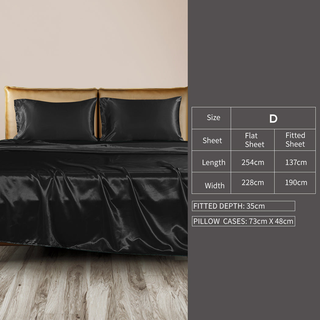 DreamZ Silky Satin Sheets Fitted Flat Bed Sheet Pillowcases Summer Double Black - image3