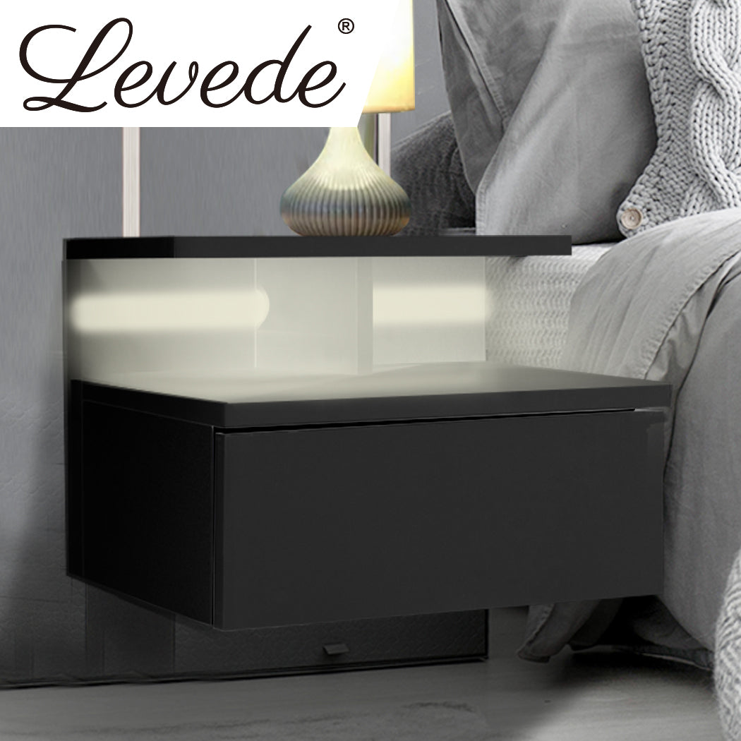 Bedside Tables LED Side Table Storage Drawer Floating Nightstand Black X2 - image7