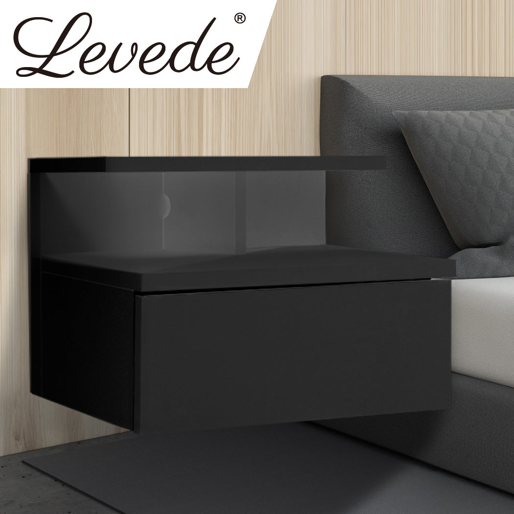 Bedside Tables LED Side Table Storage Drawer Floating Nightstand Black X2 - image8