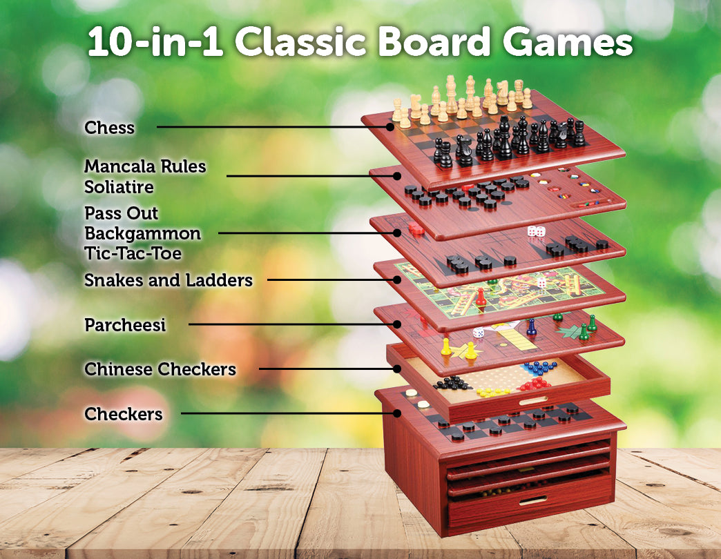 10 in 1 Wooden Chess Board Games Slide Out Best Checkers House Unit Set - image4